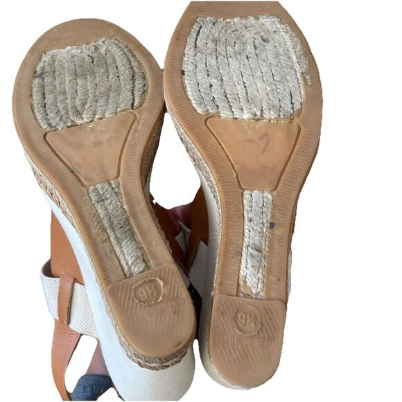 Tory Burch Sandals 9.5 Espadrille Slingback Cream Brown Canvas Casual Wedges - Picture 10 of 11